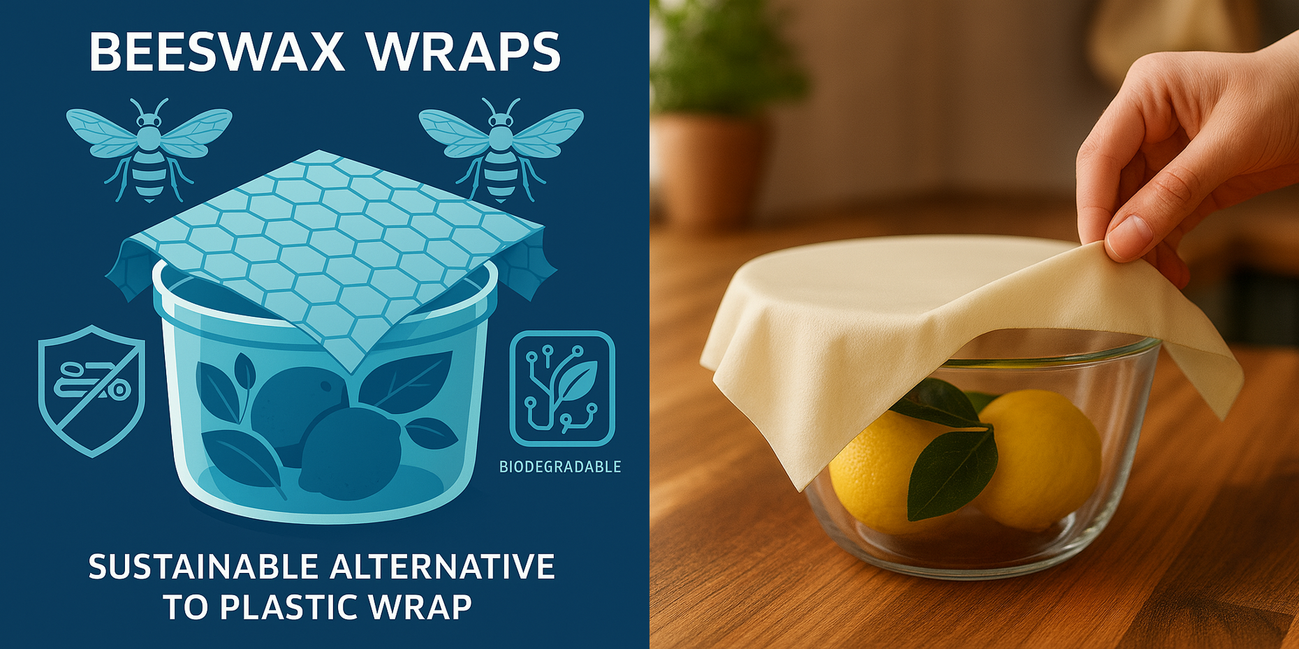 Illustration of reusable beeswax wraps as a sustainable alternative to plastic wrap